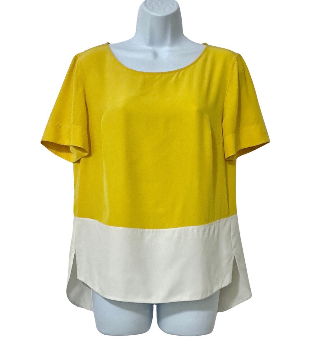 Akris Punto Colorblock Lightweight Yellow White Silk Short Sleeve Blouse Size 8